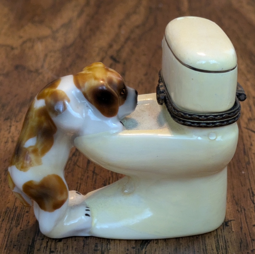 Mini Trinket Box. Ceramic Dog With Toilet Design.